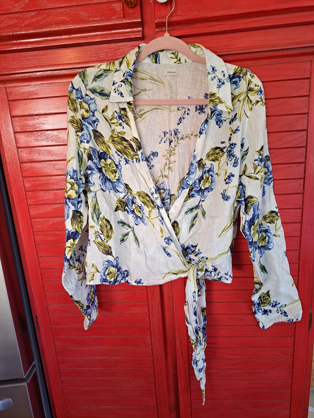 Joie Floral True Wrap Tie-Front Blouse 100 Linen Collared Long Sleeve